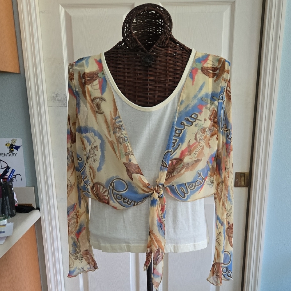Gordon James Sheer Tie-Front Western  Blouse - Cream and Blue